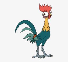 a cartoon chicken with an orange head and blue tail, standing in front of a white background