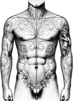 a drawing of a man's torso with tattoos on his chest and side panels