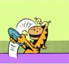 a cartoon cat holding a paper and looking through a magnifying glass at a piece of paper