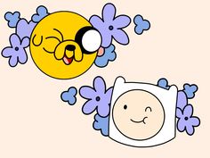 an image of cartoon characters floating in the air with flowers on their head and nose