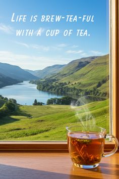 Tea Quote - Life is brew-tea-ful with a cup of tea. An image of a scenic view with a steaming cup of tea in the foreground.