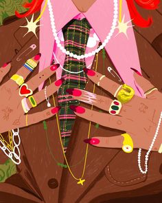 a woman with red hair and manicured nails is wearing a pink shirt, green plaid tie and matching bracelets