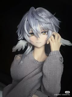 an anime character is talking on the phone with two white birds perched on her shoulder