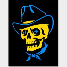 a skull with a hat and bow tie on it's head in blue and yellow