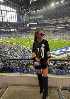 Vintage Steeler Jersey, Sparkly boots from missheels, sunglasses are amazon Nfl Game Day Fit, Football Game Style, Football Outfits Women, Womens Football Game Outfit, Football Game Outfit Summer, Game Day Girlfriend Outfit, Warm Football Game Outfit, Gameday Outfit Winter, Football Outfits For Women Fall