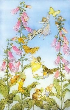 an image of flowers and fairy characters in the air with butterflies flying above them on a blue sky background