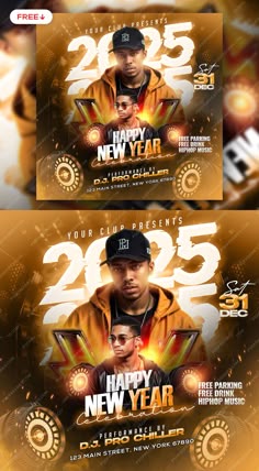 two new year flyer templates with an image of a man on the front and back