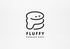 the logo for fluffy pancake cafe is black and white with an image of a piece of bread on it