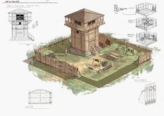 a drawing of a small wooden tower on top of a grass covered field next to a fence