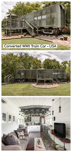 an old train car is being converted into a living room and dining area in this house