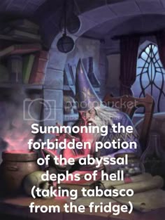an image of a wizard sitting in a chair with the caption saying, summoning the forbidden portion of the abyssal