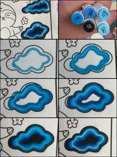 four pictures showing how to draw clouds in blue and black ink, with markers on them