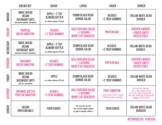 a pink and white poster with the names of different types of food on it, including meat