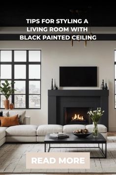 Modern living room with black painted ceiling, cozy seating, and sleek decor.
