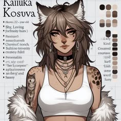 an anime character with tattoos and piercings on her chest, standing in front of a poster