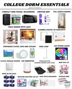 the college dorm essentials are displayed in this graphic above it is an image of various items