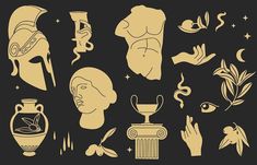 an image of ancient greek art on black and white background with hand drawn symbols illustration