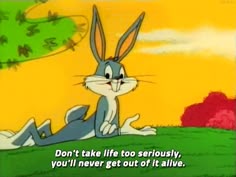 a cartoon rabbit sitting on top of a grass covered hill with a quote written below it