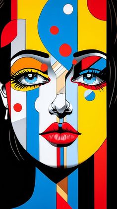 a woman's face painted with multicolored lines and dots on black background