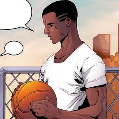 a man holding a basketball in front of a cityscape with a thought bubble above his head