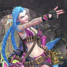 an image of a woman with blue hair and piercings pointing at something in the air
