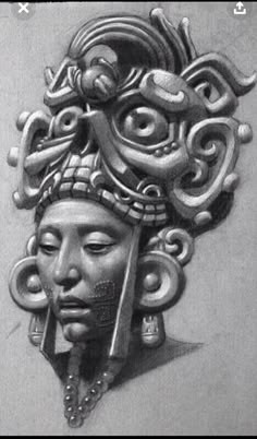 a black and white drawing of a woman's head with an intricate design on it