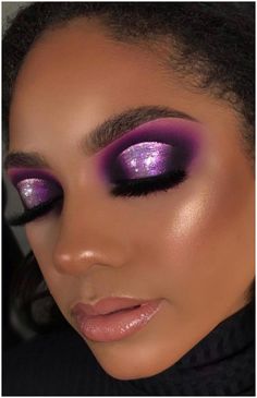 Purple Glitter Eyeshadow Looks, Glitter Purple Makeup Looks, Black And Purple Makeup Theme, Purple Glam Eyeshadow Looks, Sultry Purple Eye Makeup, Purple Glam Eyeshadow, Black And Purple Smokey Eye Makeup, Dark Purple And Silver Eye Makeup, Purple Cut Crease Eyeshadow