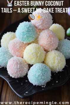 there is a plate full of coconut balls on the table with text overlay that reads, easter bunny coconut tails - a sweet no bake treat
