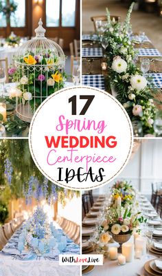 wedding centerpieces with flowers and candles are featured in this postcard collage