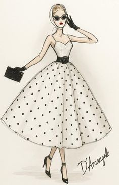 a drawing of a woman in a dress with polka dots on the skirt and heels