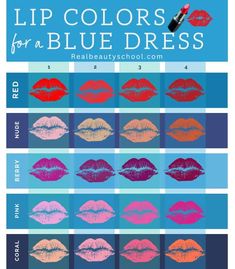 The Best Makeup to Wear With a Blue Royal Dress (Tips + ideas) - Real Beauty School Lipstick On Dark Blue Dress, Sky Blue Dress Matching Lipstick, Lipstick Shades For Blue Saree, Lipstick To Wear With Blue Dress, Lipstick With Navy Blue Dress, Lipstick For Royal Blue Dress, Makeup For A Blue Outfit, Makeup Ideas Blue Dress, Makeup To Wear With Blue Dress