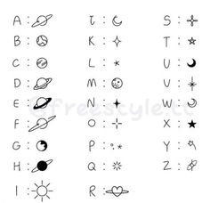 the alphabet and numbers are drawn in black ink with stars, planets, and moon on them