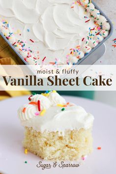 a piece of vanilla sheet cake with white frosting and sprinkles on top