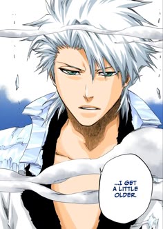 an anime character with white hair and blue eyes, holding his arm out to the side