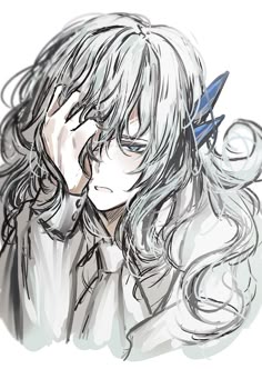 a drawing of a person with long hair and scissors in their hand, looking to the side