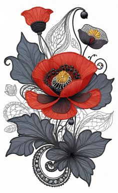 an artistic drawing of red flowers and leaves