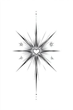 a black and white drawing of a heart in the middle of a starburst
