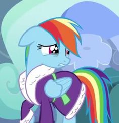 the rainbow pony is standing in front of a cloud filled sky with its eyes closed
