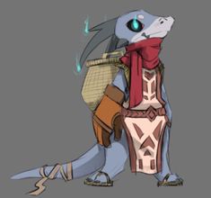 an animal with a red scarf on its head and legs, holding a bag in one hand