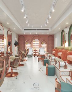 the interior of a hair salon with chairs and mirrors on the walls, along with other furniture
