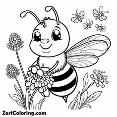 a coloring page with a bee holding a flower in it's hand and butterflies flying around