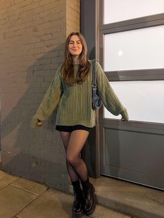 Classic Outfits 90s, Fall Skirts With Sweaters, Skirt With Black Stockings Outfit, Fall Cardigan Outfit, Black Docs Outfits, Rainy Day Birthday Outfit, Brown Boots Fall Outfits, Fall Outfit Inspo Doc Martens, Petite Edgy Style