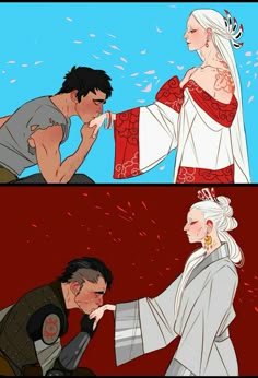 two different scenes with one being touching the other's hand