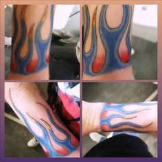 four different pictures of the same person's arm with blue and red paint on it