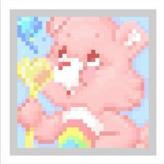 an image of a pixelated pink pig looking at something in the distance with blue sky and clouds behind it