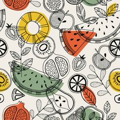seamless pattern with fruits and leaves on a white background for wallpaper or fabric