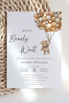 Cute 'We Can Bearly Wait' Teddy Bear Balloon Baby Shower Invitations for Your Special Day