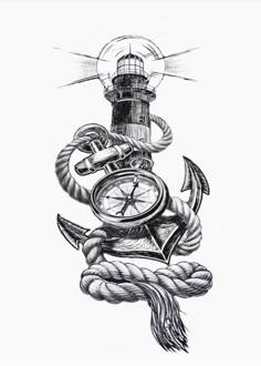 a drawing of an anchor, lighthouse and rope with a clock on it's side