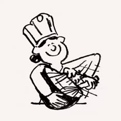 a black and white drawing of a man in a chef's hat holding a baseball bat