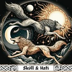 an image of two wolfs in front of a full moon and celtic border with the words, soul & hat